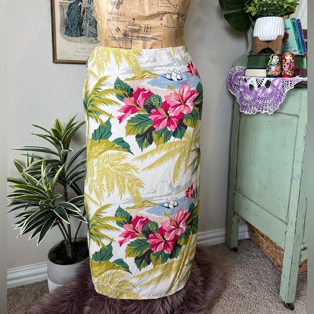 Northern Isles Hawaiian Tropical Palm Hibiscus Midi Maxi Lined Skirt Sz 12 Aloha